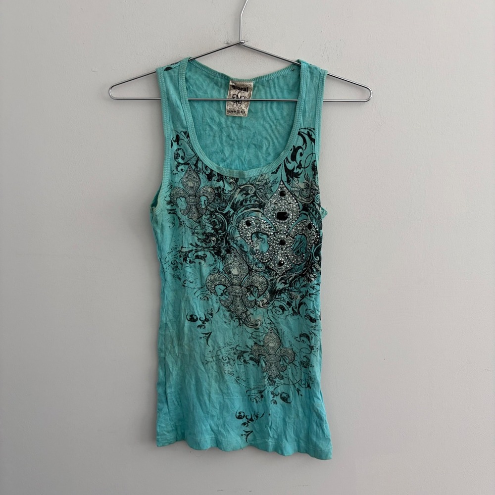 Vocal Turquoise Fleur De Lis Embellished Ribbed Tank Top Small Y2K McBling